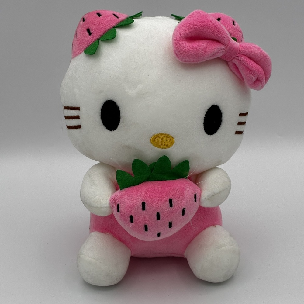 Hello Kitty Strawberry Plush Stuffed Animal Toy Pink White Sanrio 7.5" Cute